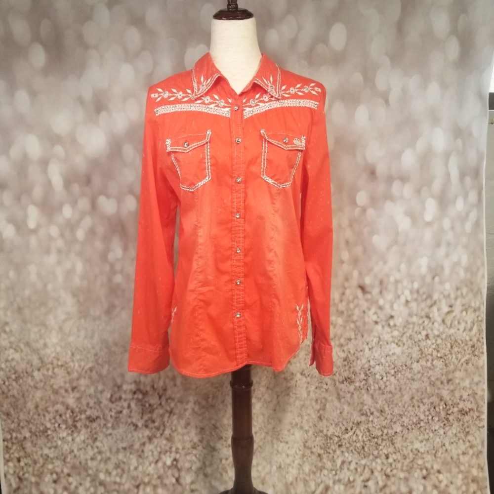 Roar orange western rhinestone top/blouse  large